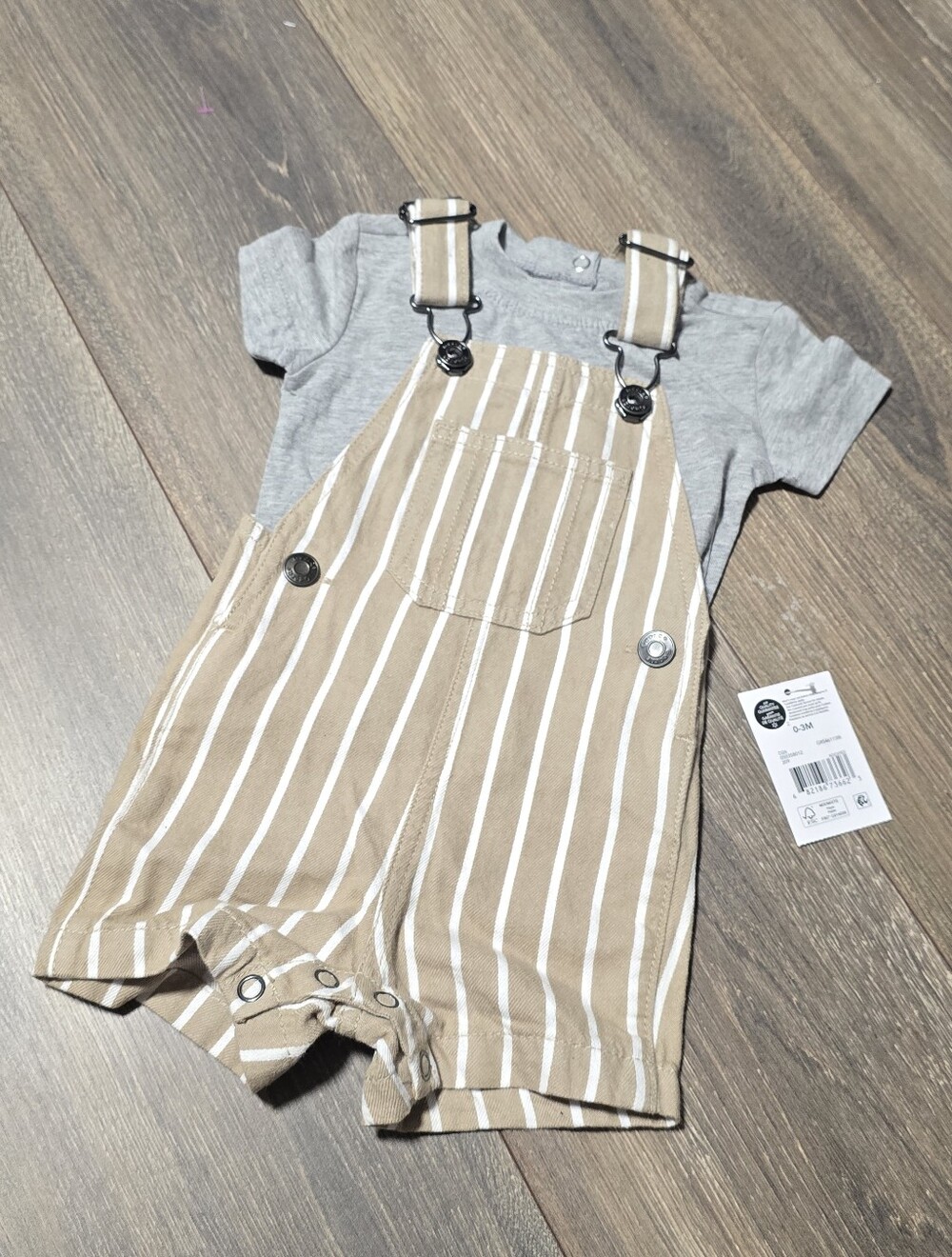 George NEW 2pc Tan White Pinstriped 100% Cotton Overalls Snaps Adjustable Straps